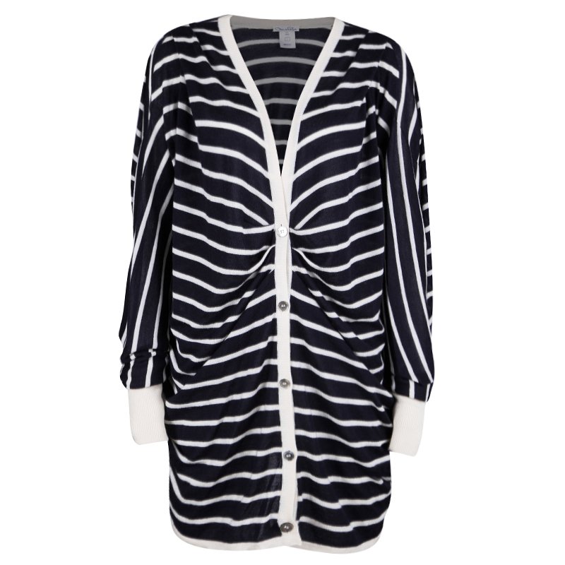 Pre Owned Oscar De La Renta Navy Blue and White Striped Oversized Cardigan L