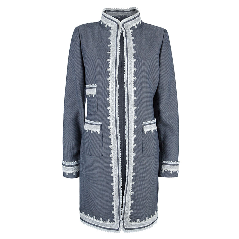 Pre Owned Oscar de la Renta Gray Embroidered Trimming Coat M