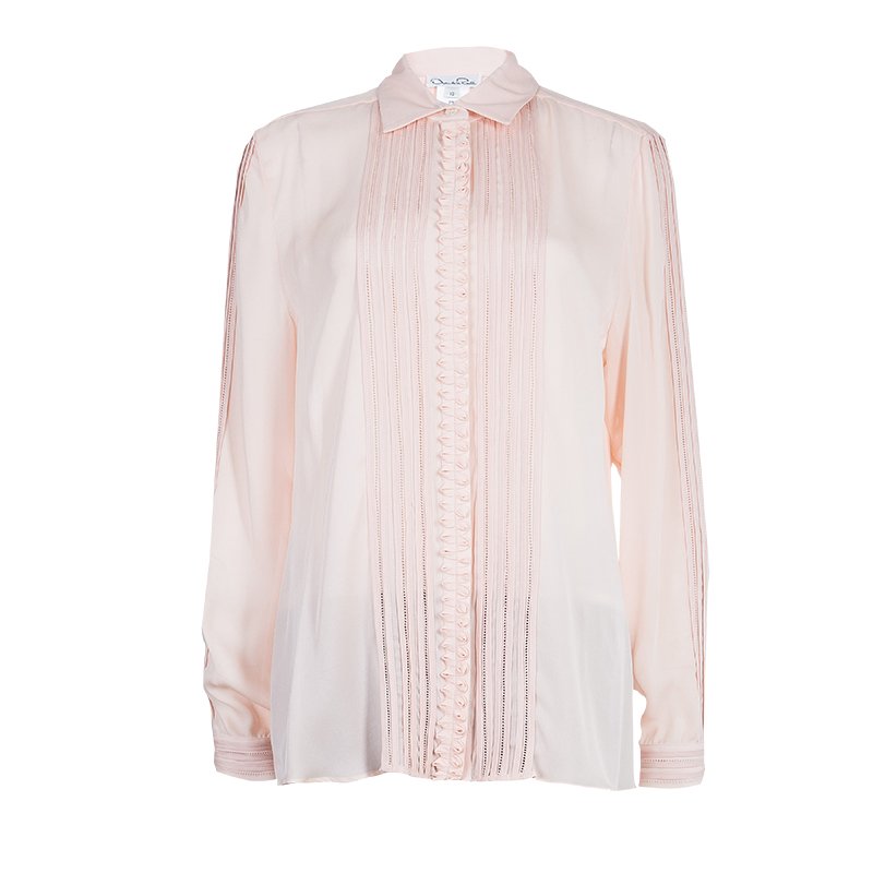 Oscar De La Renta Blush Pink Lace Insert Detail Pintucked Silk Shirt L