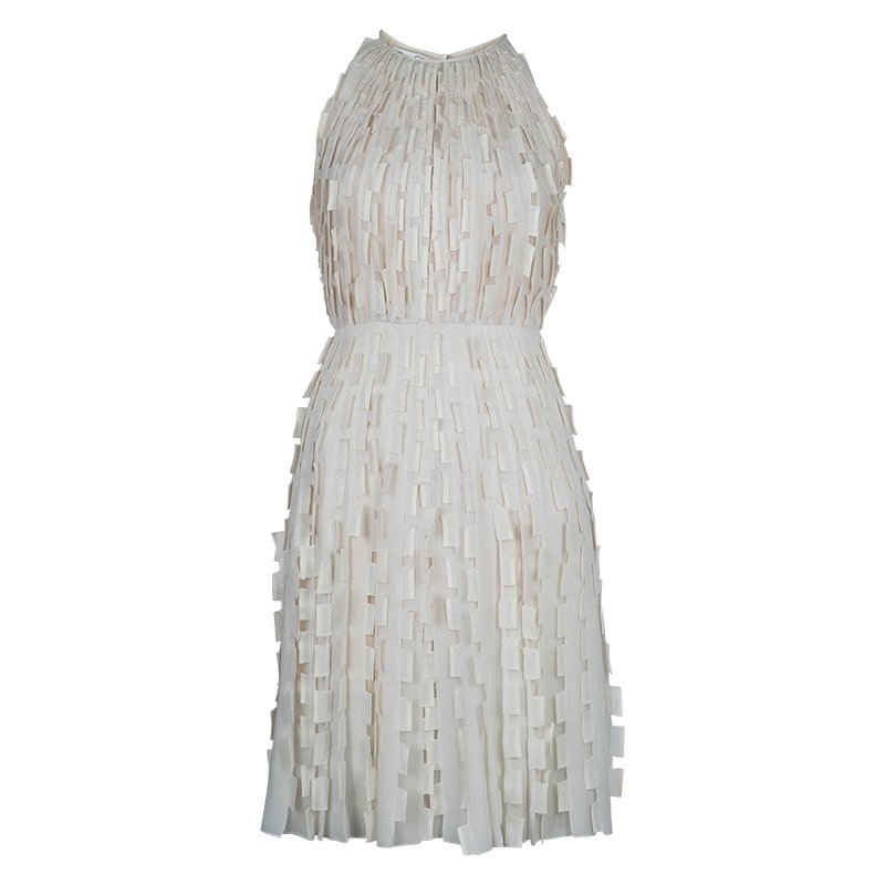 Oscar de la Renta Cream Silk Applique Textured Sleeveless Dress XS