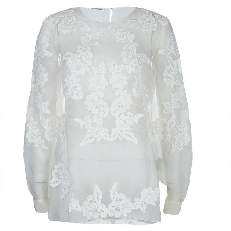 Pre Owned Oscar De La Renta White Sheer Floral Applique Top M