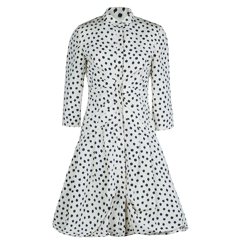 Pre Owned Oscar De La Renta Cream Silk Polka-Dotted Dress Coat M