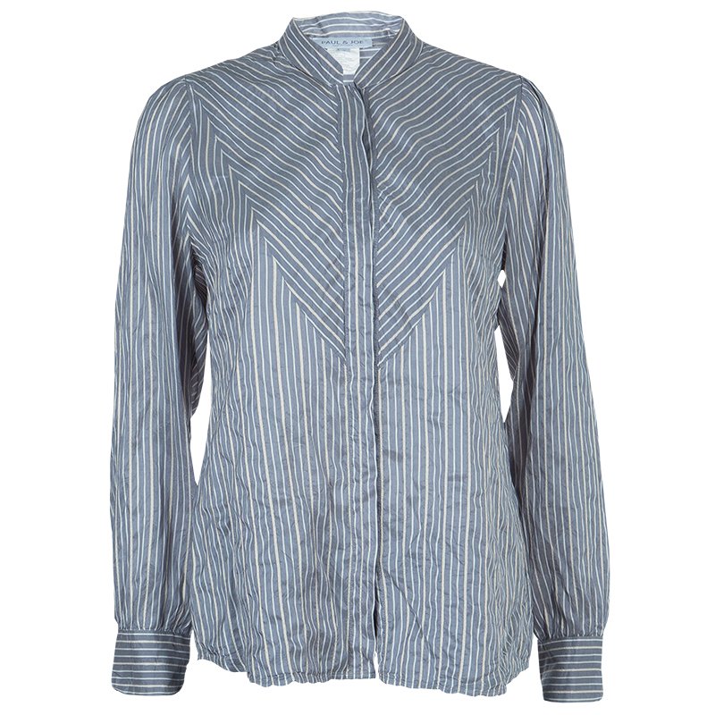 مملوكة م سبقًا Paul and Joe Grey Long Sleeve Striped Silk Shirt L
