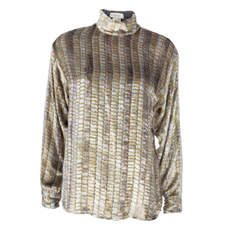 Paul And Joe Velvet Lurex Textured Long Sleeve Mandarin Collar Top M