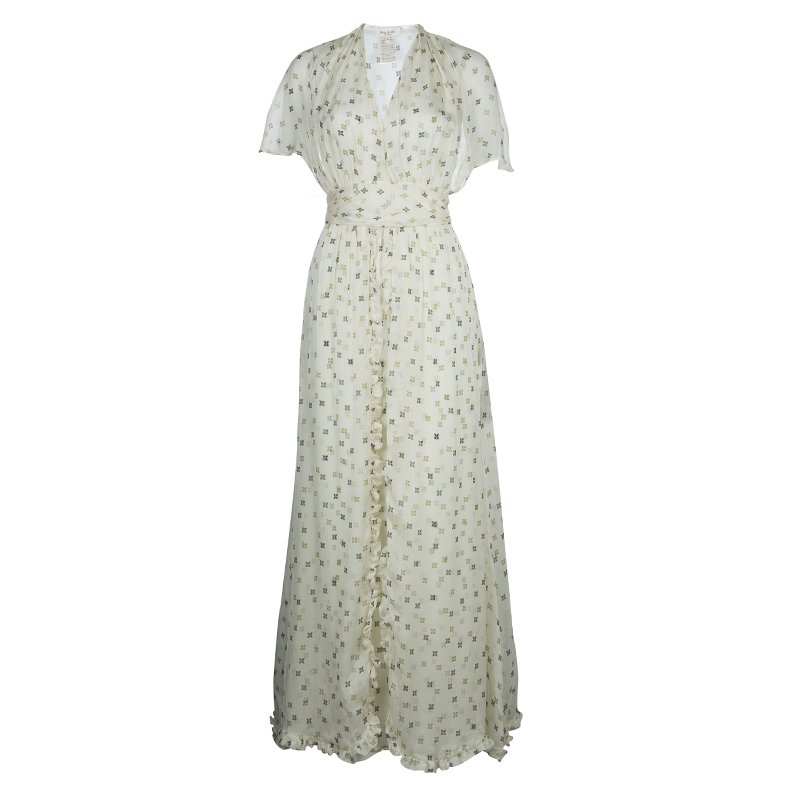 Paul and Joe Cream Silk Printed Ruffle Trim Gathered Maxi Dress S