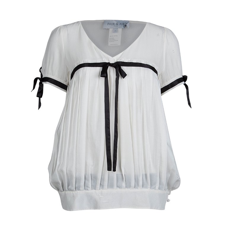 Paul and Joe White Silk Empire Line Short Sleeve Blouse L