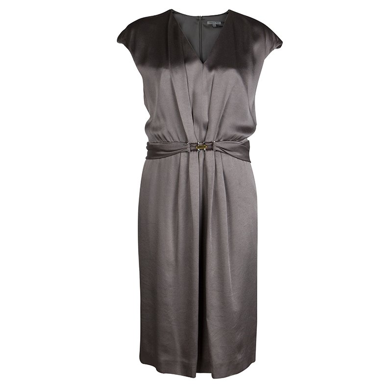 Paule Ka Olive Green Satin Buckle Detail Cap Sleeve Dress L