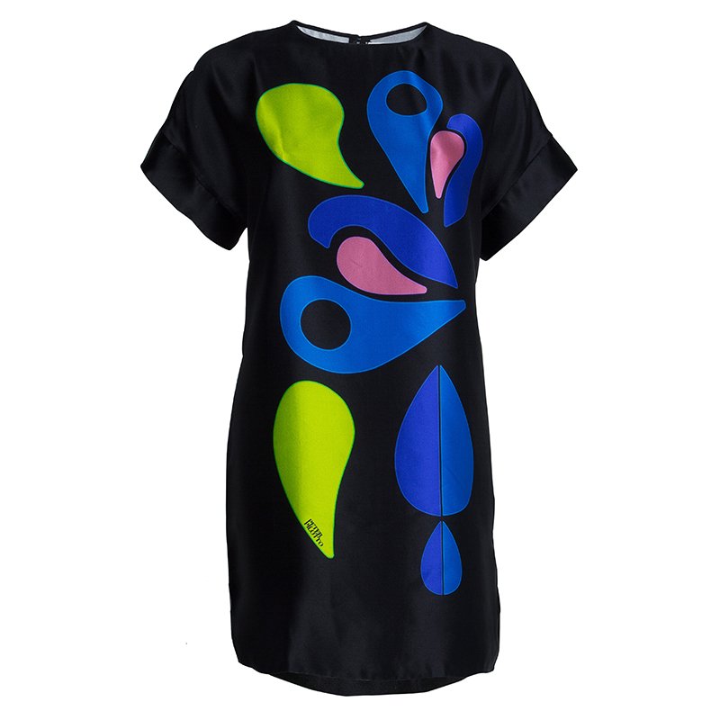 Pre Owned Peter Pilotto Black Abstract Print Mikado Silk Dress L