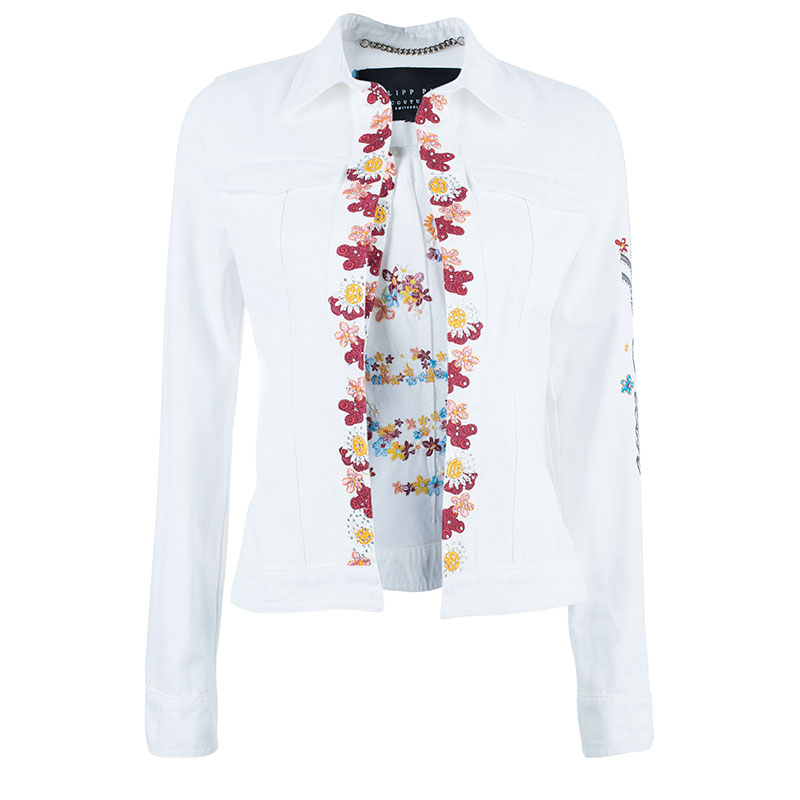 Pre Owned Philipp Plein Couture White Floral Embroidered Denim Jacket S