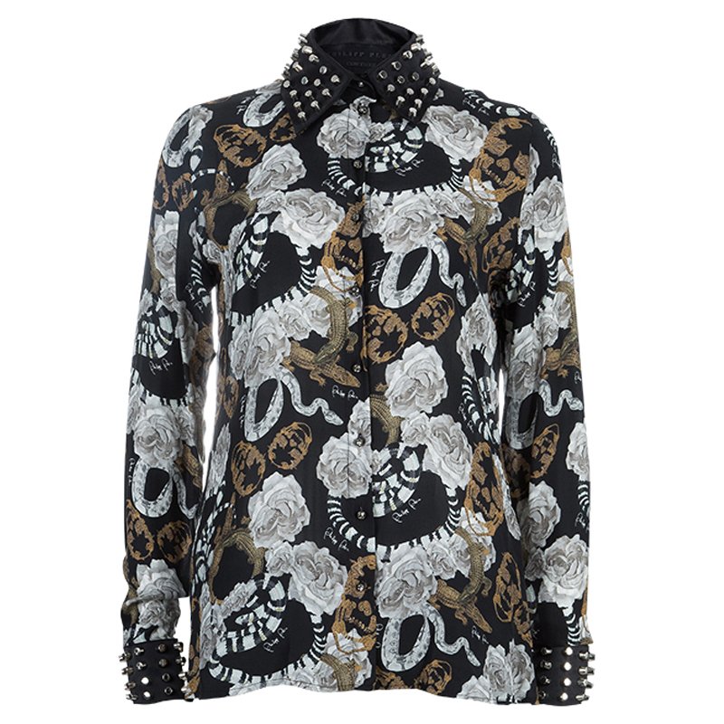 Pre Owned Philipp Plein Couture Printed Studded Collar Silk Shirt S
