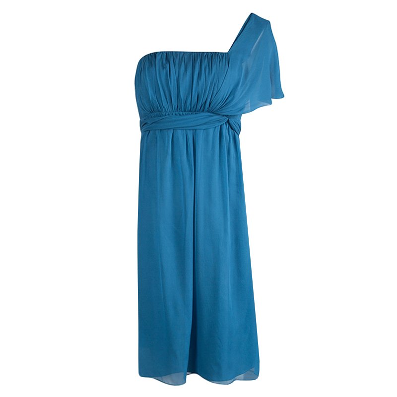 Pre Owned Philosophy Di Alberta Ferretti Blue Draped Silk One Shoulder Dress S