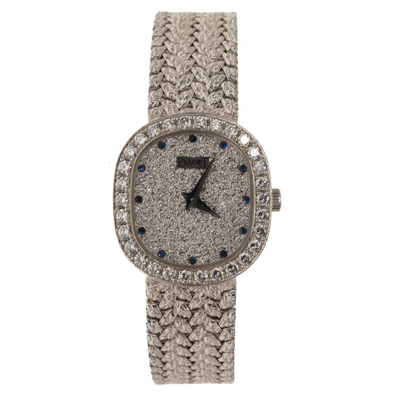 Piaget Diamond Sapphire Studded 18K White Gold Mesh Bracelet Vintage Women's Wristwatch 22MM