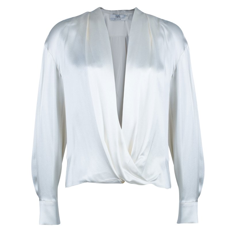 Prabal Gurung White Satin Long Sleeve Wrap Top M