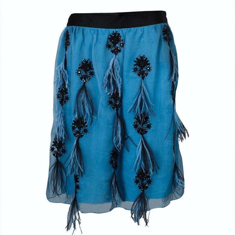 Pre Owned Prabal Gurung Blue Feather Detail Embellished Skirt L