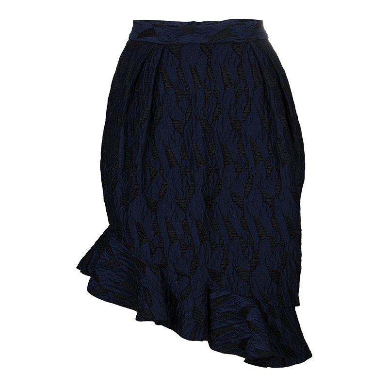Prabal Gurung Navy Blue Textured Ruffle Bottom Asymmetric Skirt S