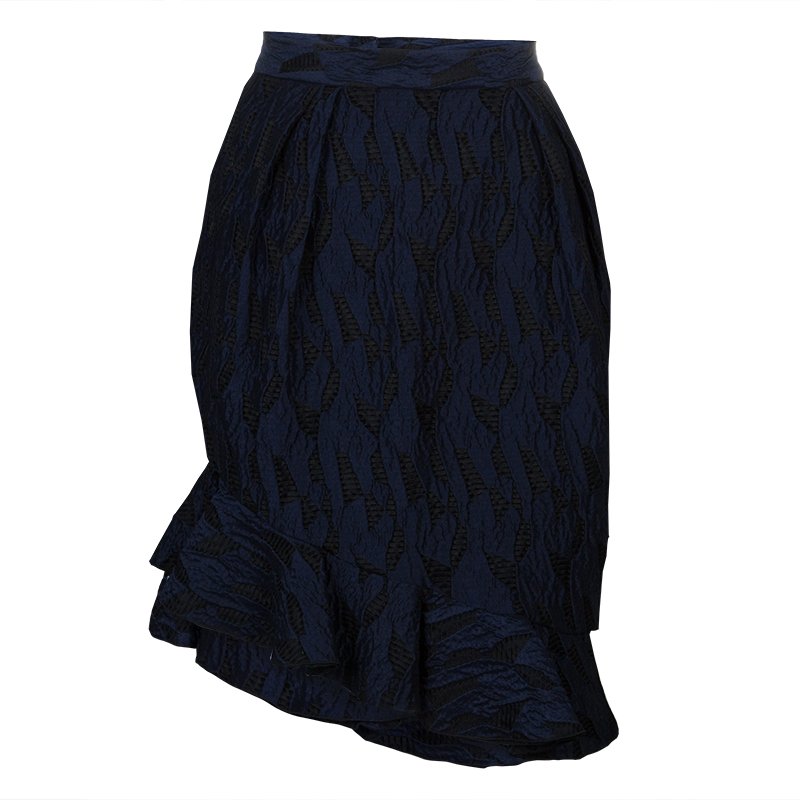 Prabal Gurung Navy Blue Textured Ruffle Bottom Asymmetric Skirt S