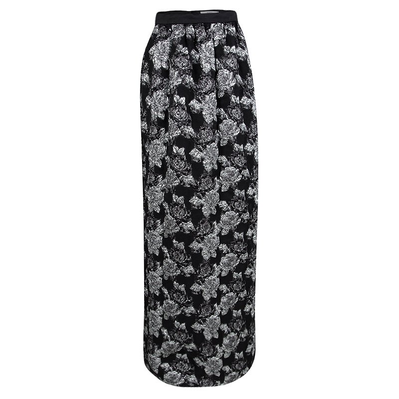 Prabal Gurung Black Metallic Floral Textured Maxi Skirt M