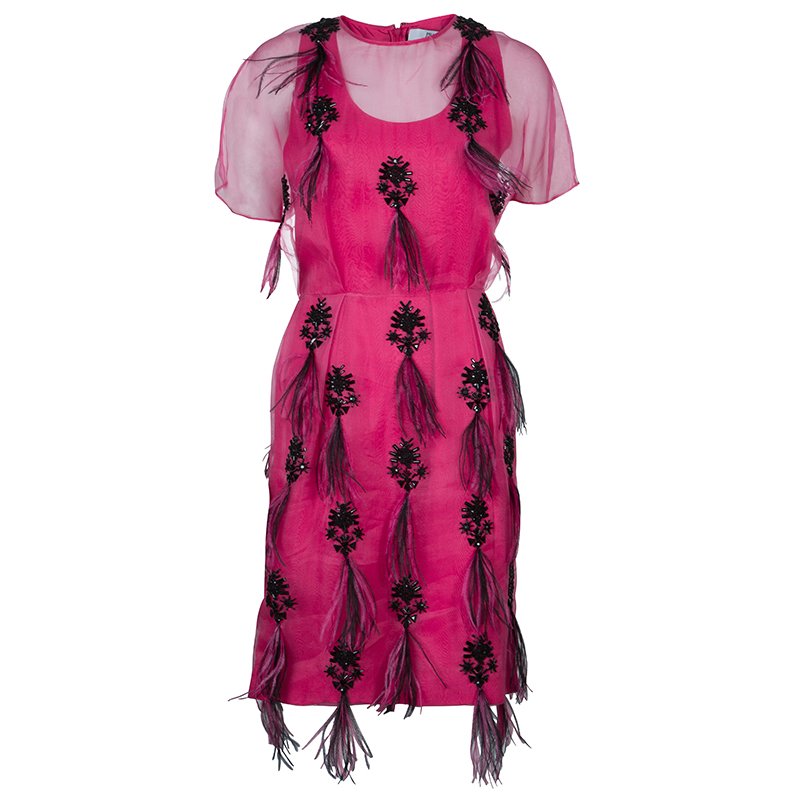 Pre Owned فستان برابال غورونغ حرير وردي مزخرف بريش M