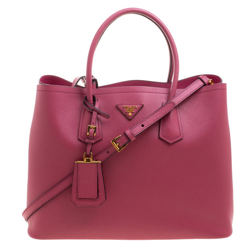 Pre Owned Prada Pink Saffiano Cuir Leather Double Handle Tote