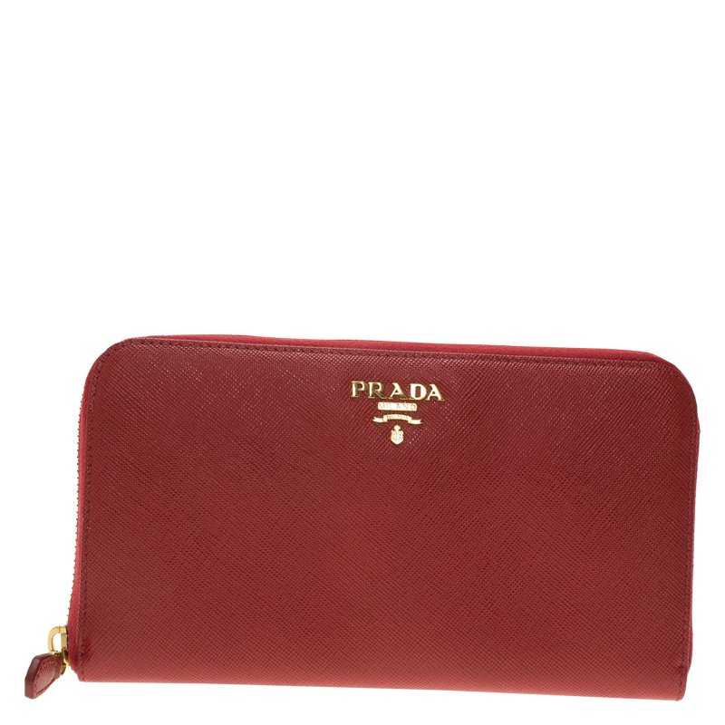 Pre Owned Prada Red Saffiano Zip Around Wallet