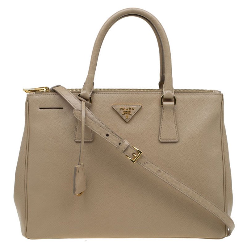 Pre Owned Prada Beige Saffiano Lux Leather Double Zip Tote
