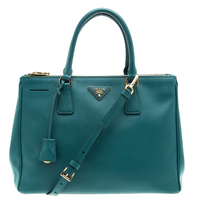 Pre Owned Prada Teal Green Saffiano Lux Leather Medium Double Zip Tote