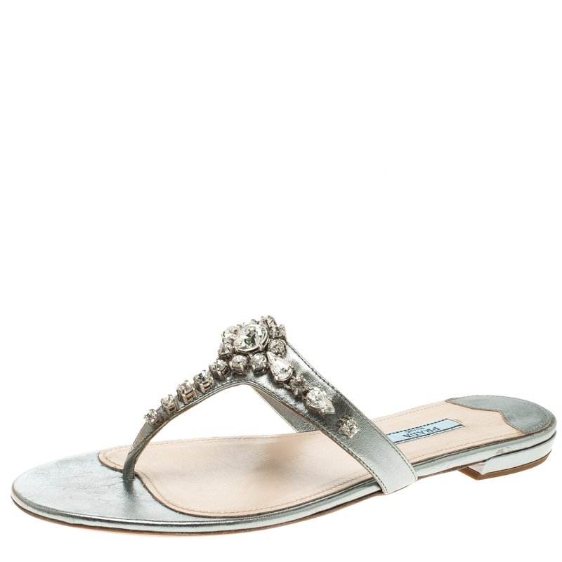 Prada Grey Crystal Embellished Thong Flat Sandals Size 38