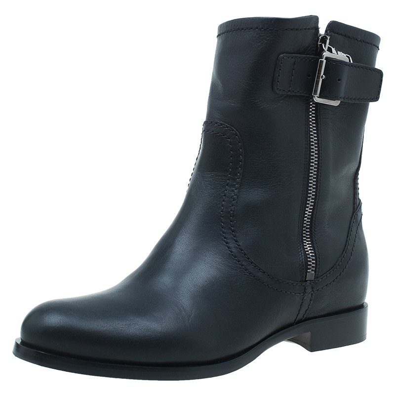 Pre Owned Prada Black Leather Zip Trimmed Ankle Boots Size 38