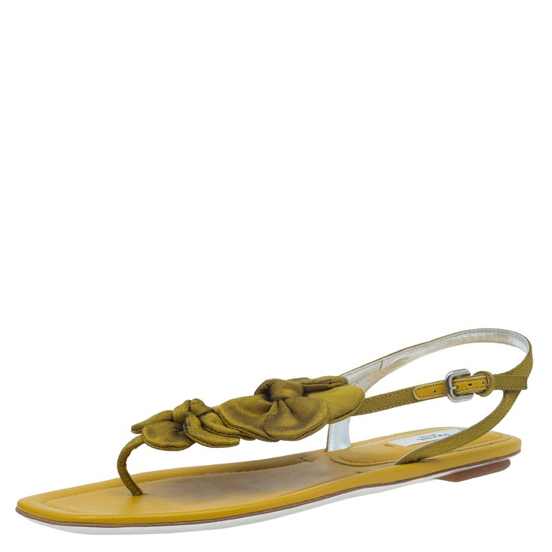 Pre Owned Prada Mustard Satin Taffeta Flower Thong Sandals Size 37