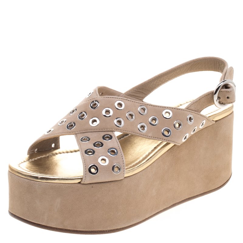 Prada Beige Eyelet Embellished Suede Criss Cross Platform Sandals Size 38