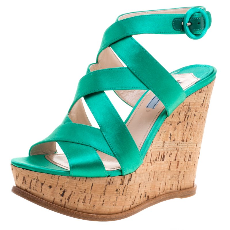Prada Emerald Green Satin Criss Cross Cork Wedge Sandals Size 39 Prada ...