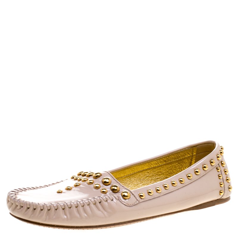Pre Owned Prada Beige Studded Patent Leather Moccasins Size 38