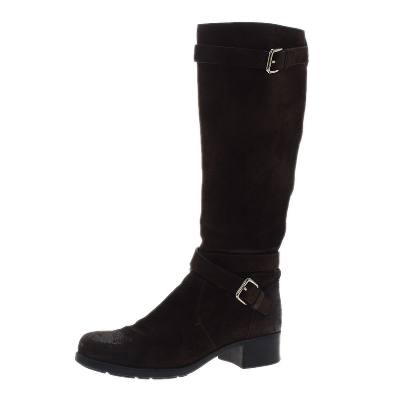 Pre Owned Prada Sport Brown Suede and Leather Double Buckle Knee Boots Size 37