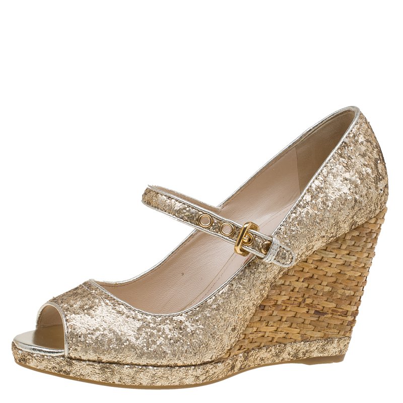 Pre Owned Prada Sport Gold Glitter Mary Jane Wedge Pumps Size 36