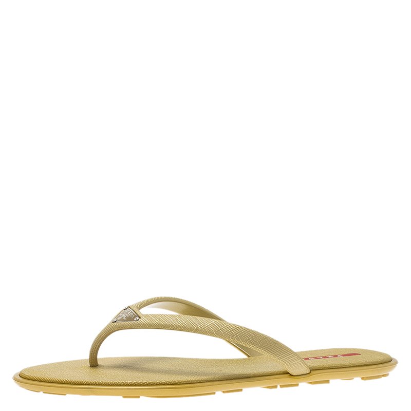 Pre Owned Prada Sport Gold Crosshatched Thong Sandals Size 38