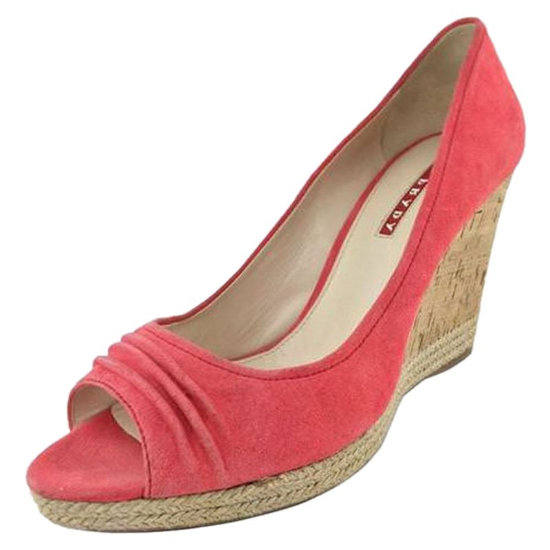 Prada Sport Red Suede Open Toe Cork Wedge Pumps Size 41
