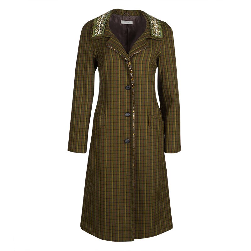 Pre Owned Prada Green Checked Wool Stone Embellished Overcoat S