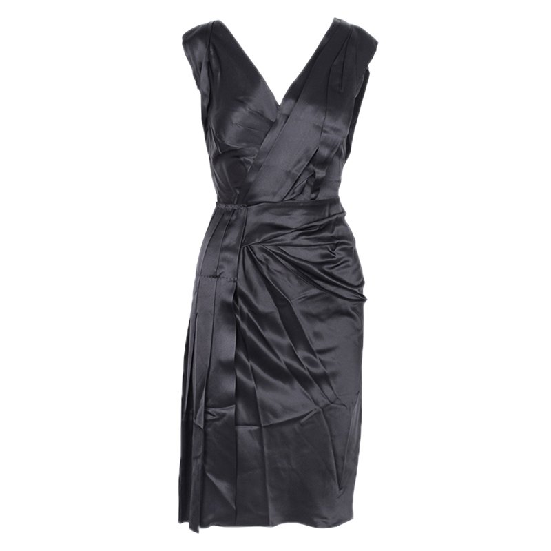 Pre Owned Prada Black Pleated Detail Sleeveless Cocktail Dress S