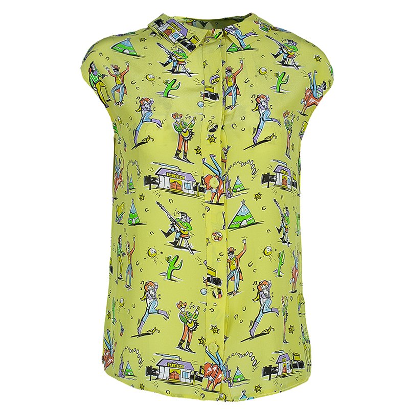 Prada Yellow Multicolor Print Collar Top S