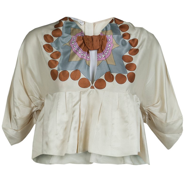 Pre Owned Prada Cream Printed Dolman Sleeve Cropped Blouse M