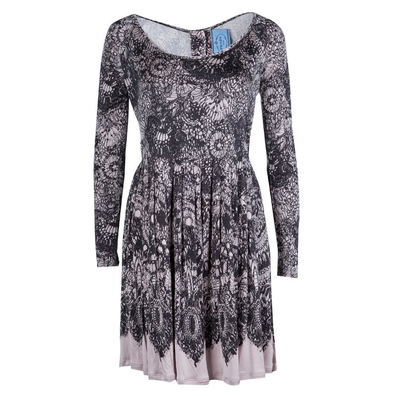 Prada Black and Pink Floral Print Jersey Long Sleeve Dress S