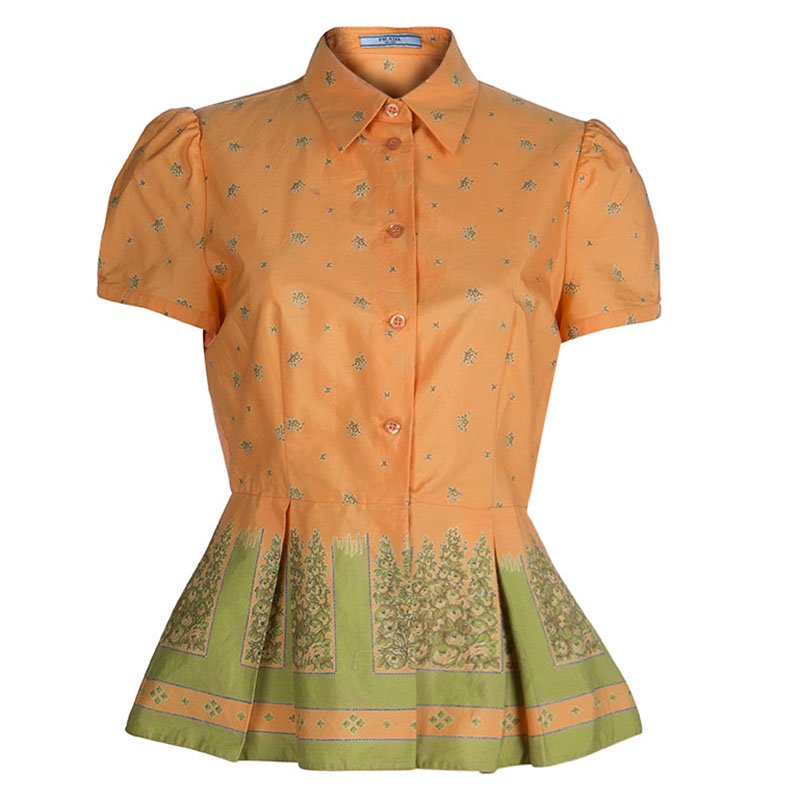 Pre Owned Prada Orange Floral Printed Box Pleat Detail Short Sleeve Shirt M