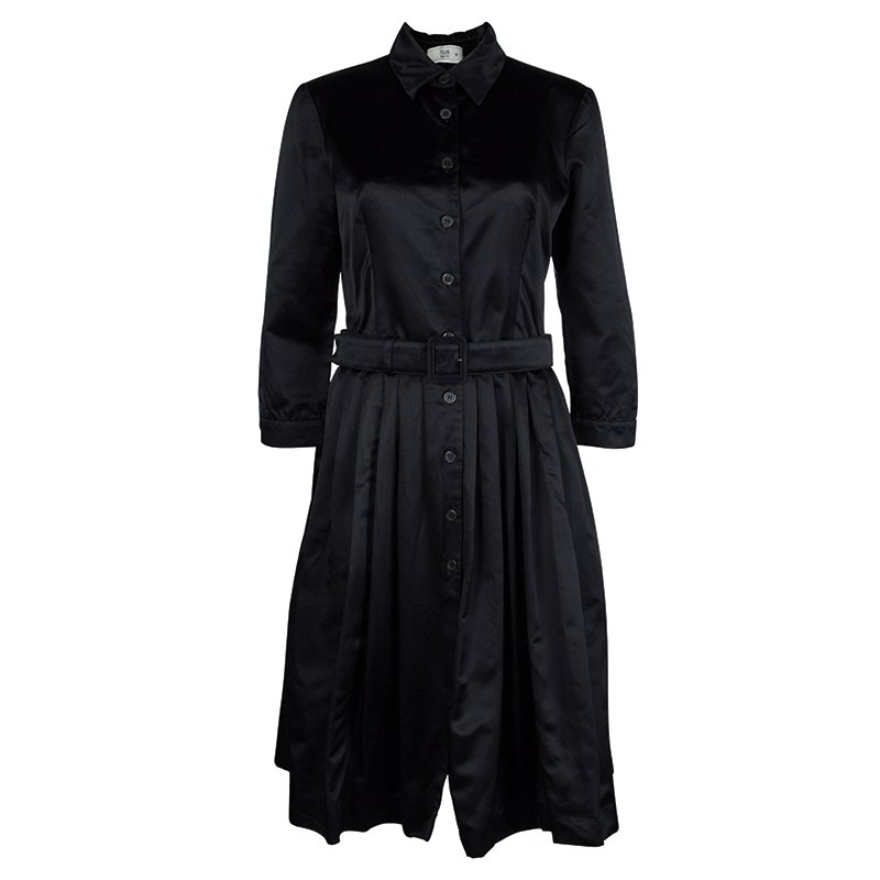 Pre Owned Prada Black Silk Pleated Button Down Belted Dress M