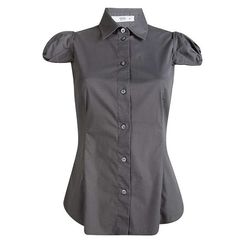 Pre Owned Prada Dark Grey Cap Sleeve Button Front Shirt M