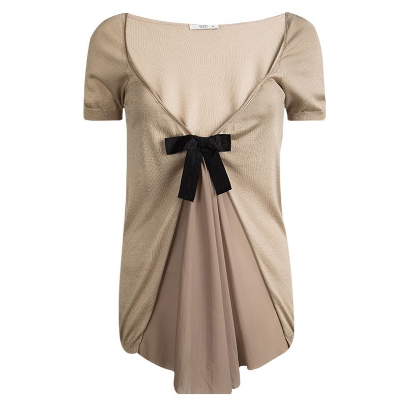 Pre Owned Prada Beige Silk Knit Pleated Front Bow Detail Top M
