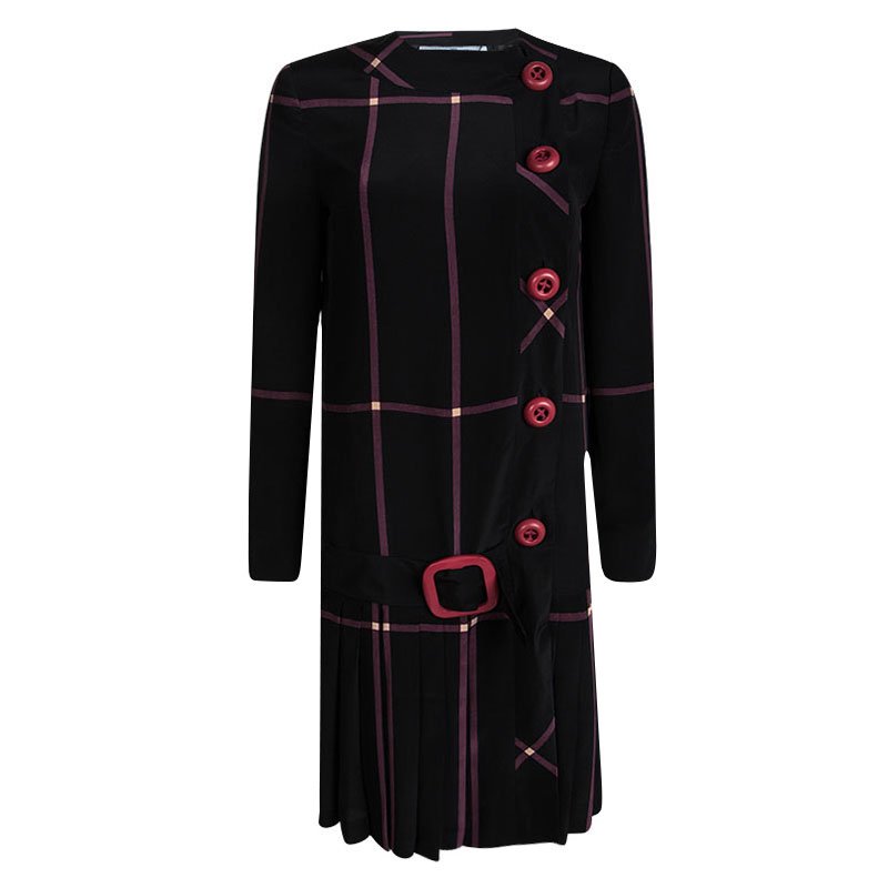  Prada Black Silk Checkered Mondrian Shift Dress S