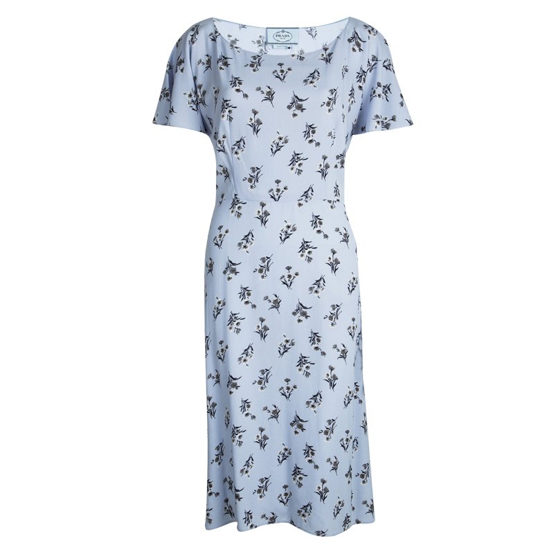 Prada Powder Blue Floral Printed Short Sleeve Dress L