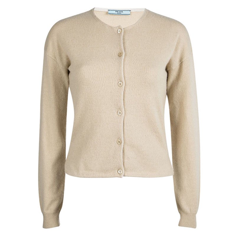 Pre Owned Prada Beige Contrast Piping Detail Long Sleeve Button Front Cardigan S