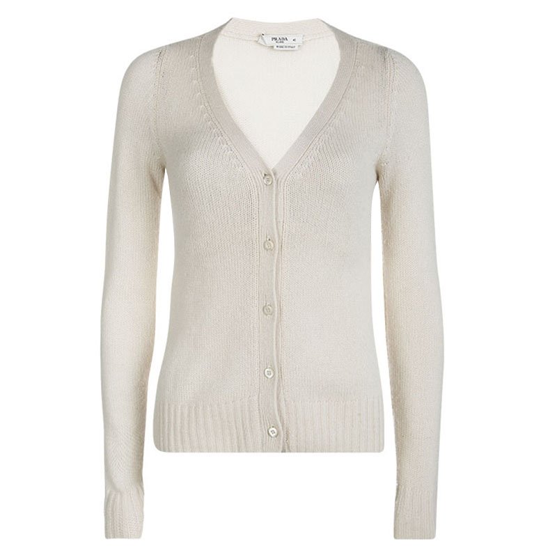 Pre Owned Prada Cream Knit Contrast Elbow Patch Detail Button Front Cardigan S