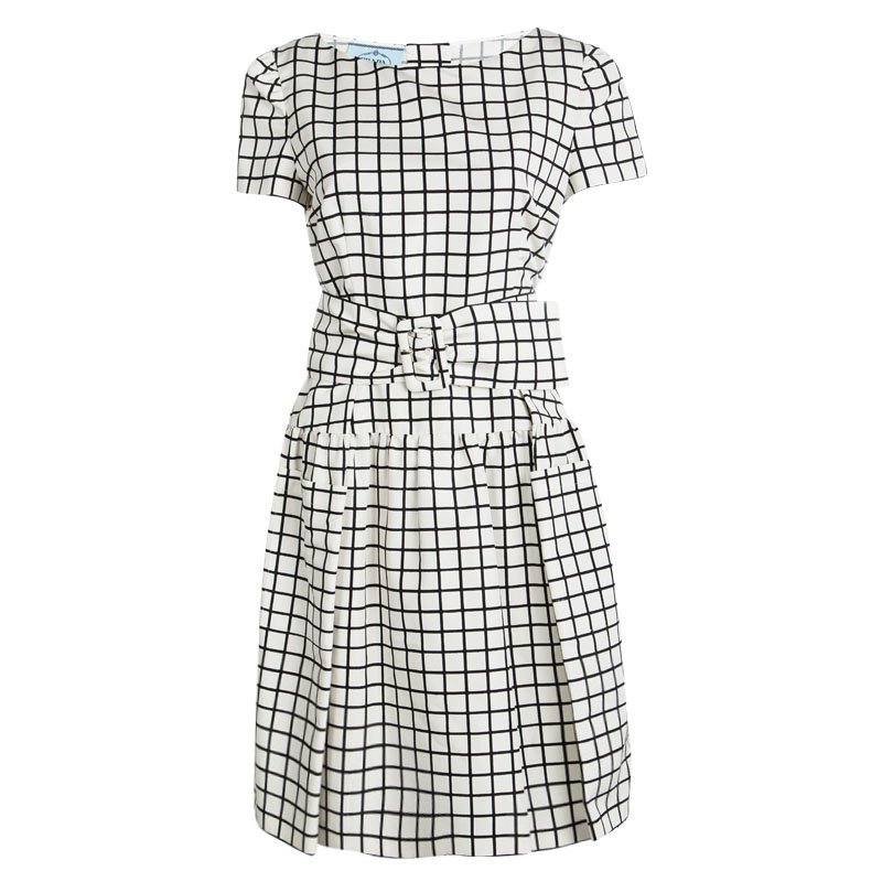 Prada Monochrome Checked Silk Belted Dress M